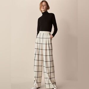 Massimo Dutti Women’s Wool Plaid Wide Leg Trouser Pants Black & White Size 36